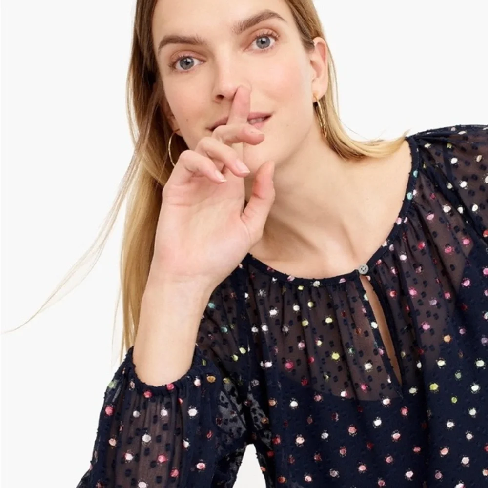 J. Crew Popover Navy Blue Rainbow Clip Dot Chiffon Top Size Medium K4385